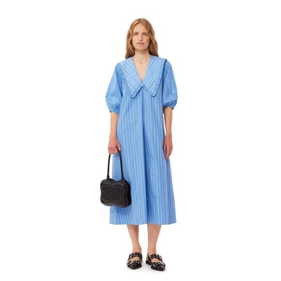 Ganni Re-Cut Striped Cotton V-Neck Midi Dress Blue Puff Sleeve - Picture 2 of 13